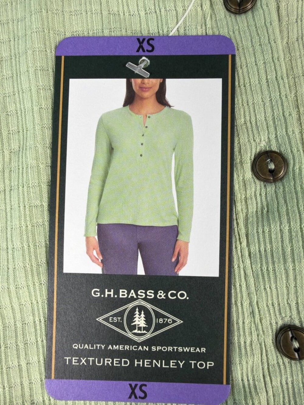 G.H. Bass & Co. Womens XS Green Textured Henley Long Sleeve Top - Picture 5 of 8